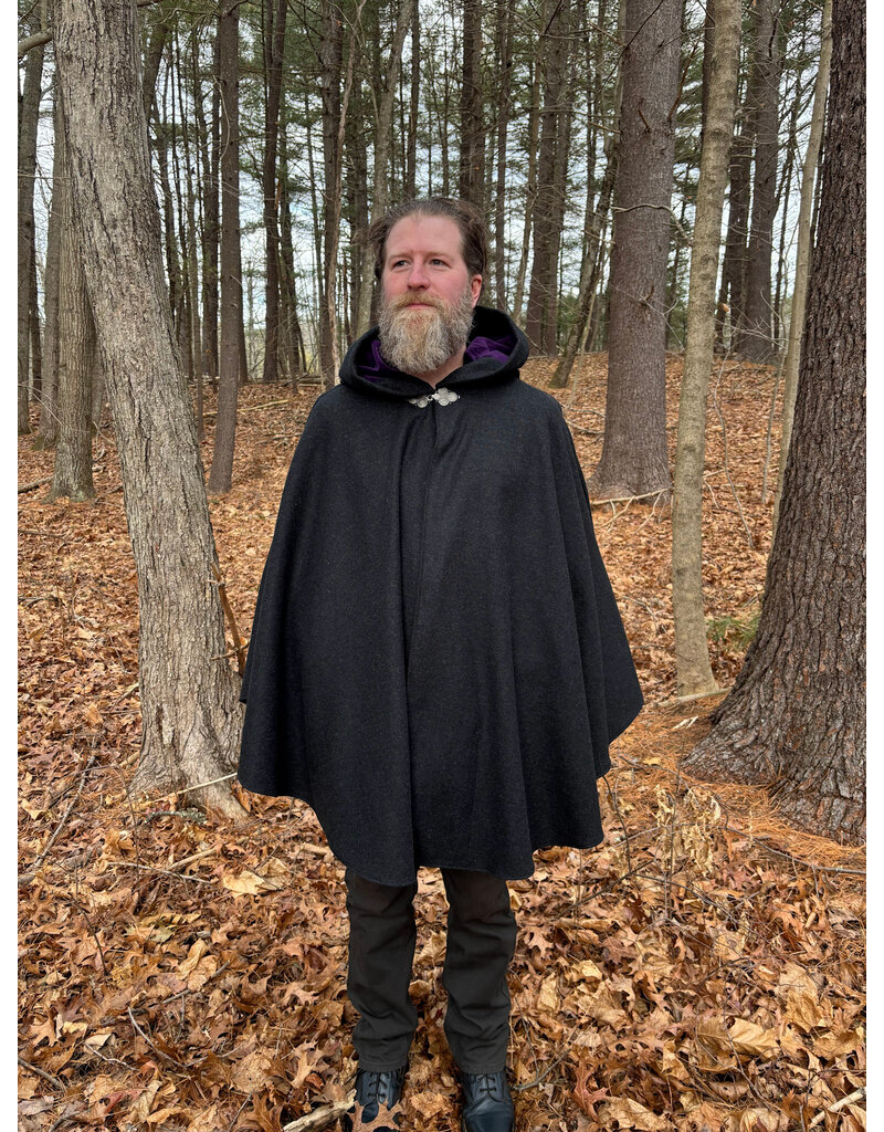 Cloakmakers.com 5526-Charcoal Grey Wool Cloak w/ Purple Velvet Hood Lining and Pockets
