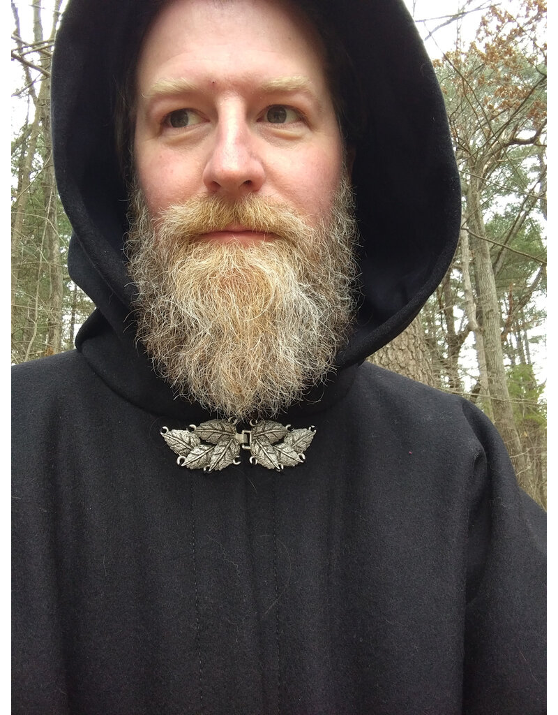 Cloakmakers.com 5537-Black Wool Full Circle Cloak w/ Black Moleskin Hood Lining and Leaf Clasp