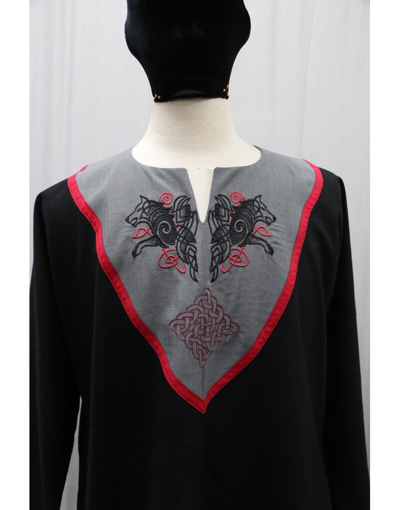 Cloakmakers.com J869 - Black Long Sleeve Viking Tunic w/ Wolves Embroidery