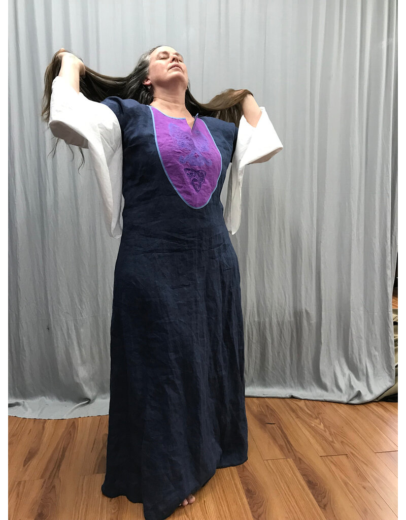 Cloakmakers.com G1188 - Washable Navy Blue Linen Gown w/ Triple Cat Embroidery