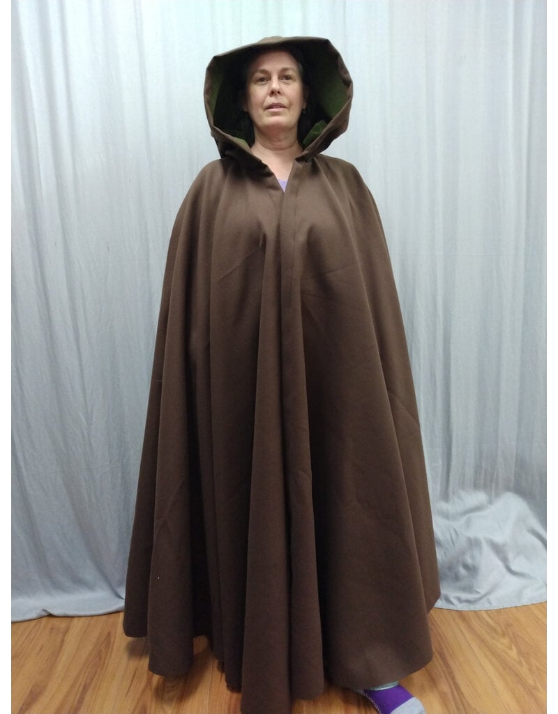Cloakmakers.com 5563-Washable Faux Wool Brown Cloak w/ Green Velvet Hood Lining W/ Bronze Medallion Clasp