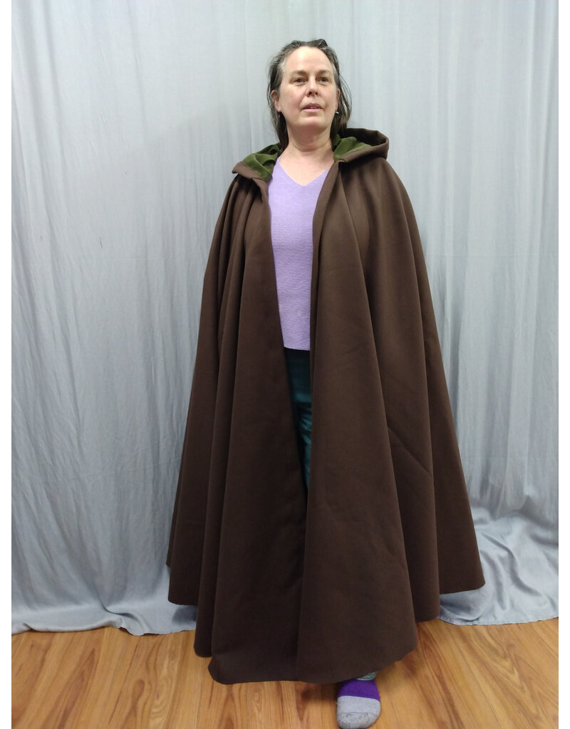 Cloakmakers.com 5563-Washable Faux Wool Brown Cloak w/ Green Velvet Hood Lining W/ Bronze Medallion Clasp