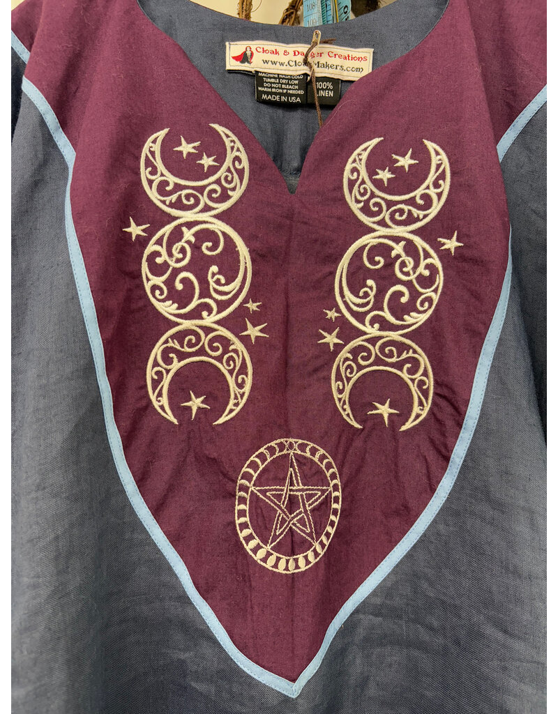 Cloakmakers.com G1190-Washable Navy Linen Gown w/ Triple Moon Embroidery