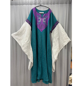Cloakmakers.com G1191-Washable Teal Linen Gown w/Elven Moon Embroidery