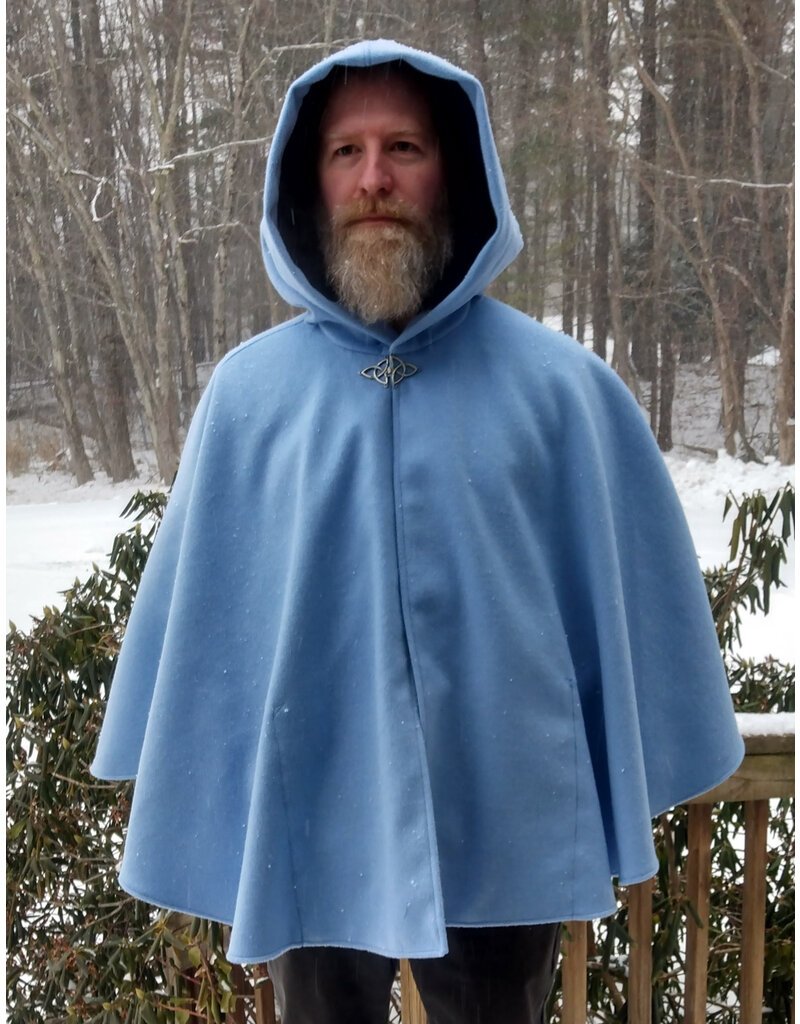 Cloakmakers.com 5573-Washable Light Blue Wool Blend Cloak w/ Dark Blue Hood Lining & Pockets