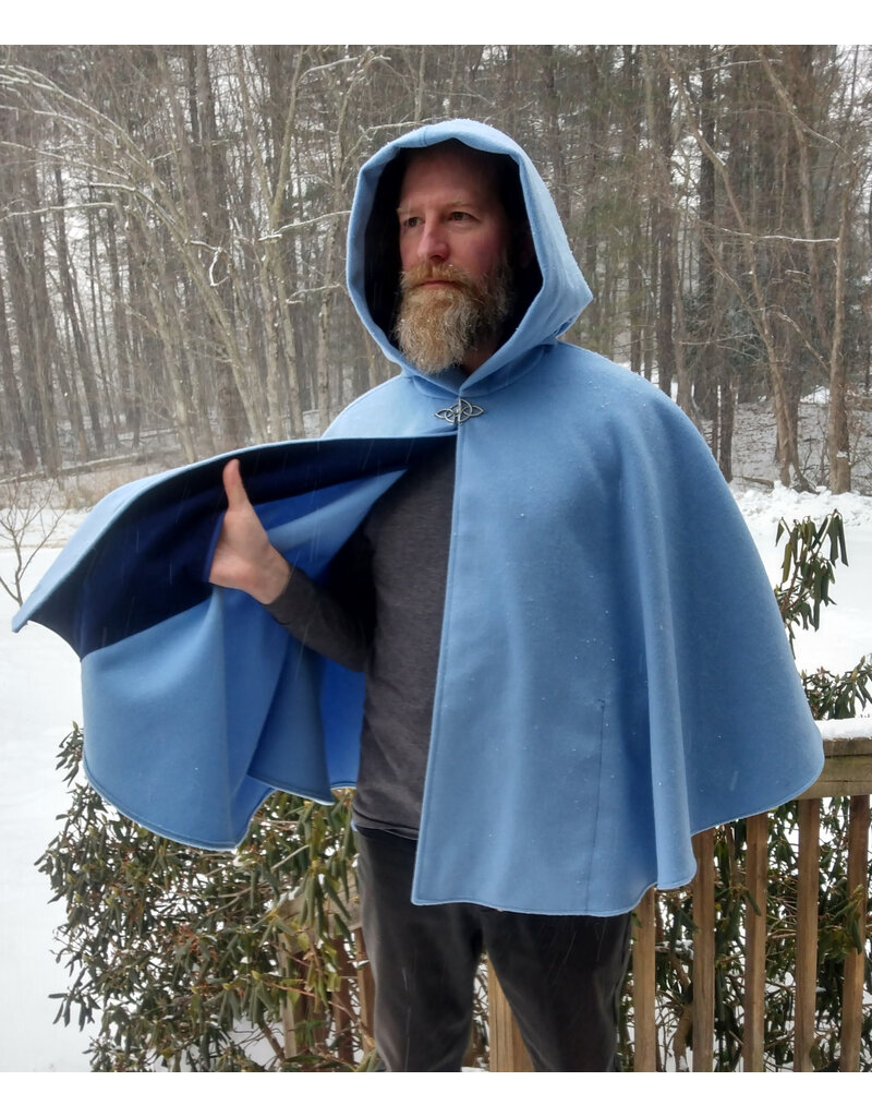 Cloakmakers.com 5573-Washable Light Blue Wool Blend Cloak w/ Dark Blue Hood Lining & Pockets