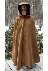 Cloakmakers.com 5574-Washable Light Brown Faux Suede Cloak w/ Dark Blue Velvet Hood Lining