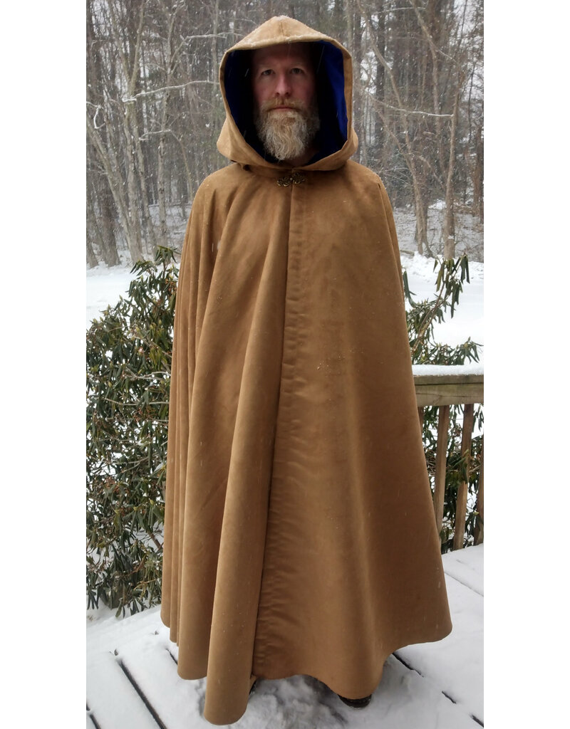 Cloakmakers.com 5574-Washable Light Brown Faux Suede Cloak w/ Dark Blue Velvet Hood Lining