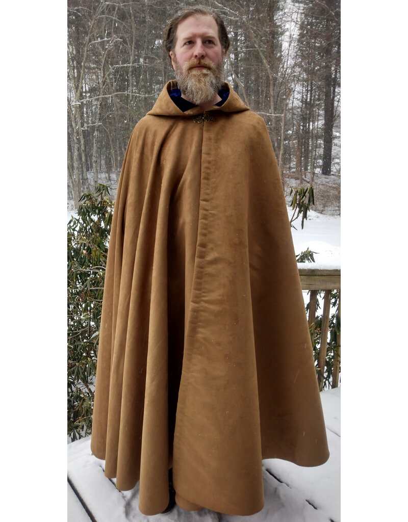 Cloakmakers.com 5574-Washable Light Brown Faux Suede Cloak w/ Dark Blue Velvet Hood Lining