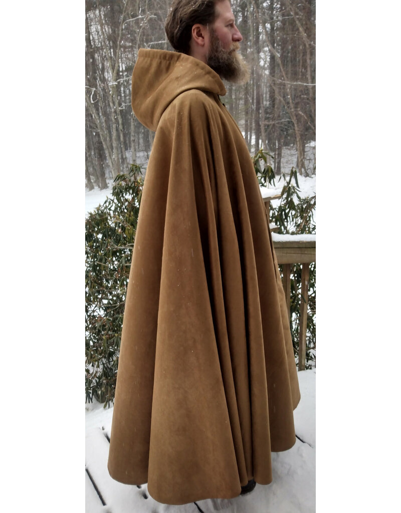 Cloakmakers.com 5574-Washable Light Brown Faux Suede Cloak w/ Dark Blue Velvet Hood Lining