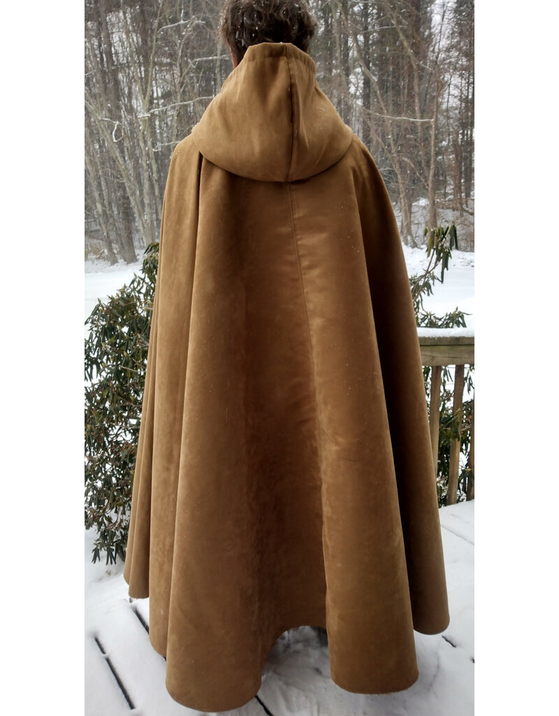 Cloakmakers.com 5574-Washable Light Brown Faux Suede Cloak w/ Dark Blue Velvet Hood Lining