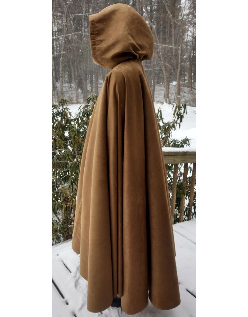 Cloakmakers.com 5574-Washable Light Brown Faux Suede Cloak w/ Dark Blue Velvet Hood Lining
