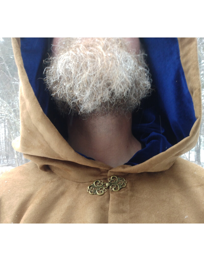 Cloakmakers.com 5574-Washable Light Brown Faux Suede Cloak w/ Dark Blue Velvet Hood Lining