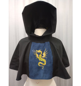 Cloakmakers.com H510-Black Wool Blend Hooded Cowl w/ Blue Moleskin Center & Dragon Embroidery