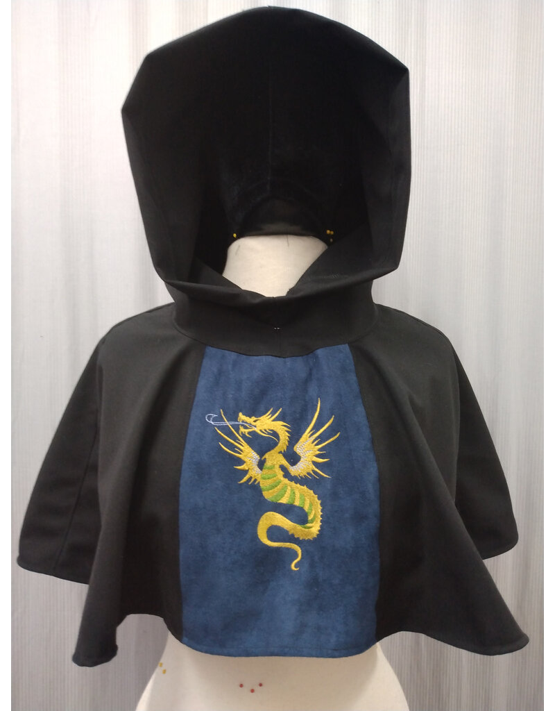 Cloakmakers.com H510-Black Wool Blend Hooded Cowl w/ Blue Moleskin Center & Dragon Embroidery