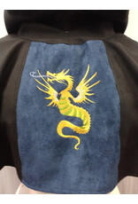 Cloakmakers.com H510-Black Wool Blend Hooded Cowl w/ Blue Moleskin Center & Dragon Embroidery