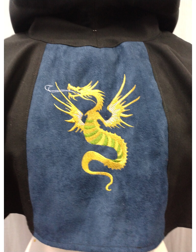 Cloakmakers.com H510-Black Wool Blend Hooded Cowl w/ Blue Moleskin Center & Dragon Embroidery