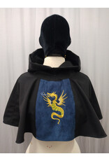 Cloakmakers.com H510-Black Wool Blend Hooded Cowl w/ Blue Moleskin Center & Dragon Embroidery