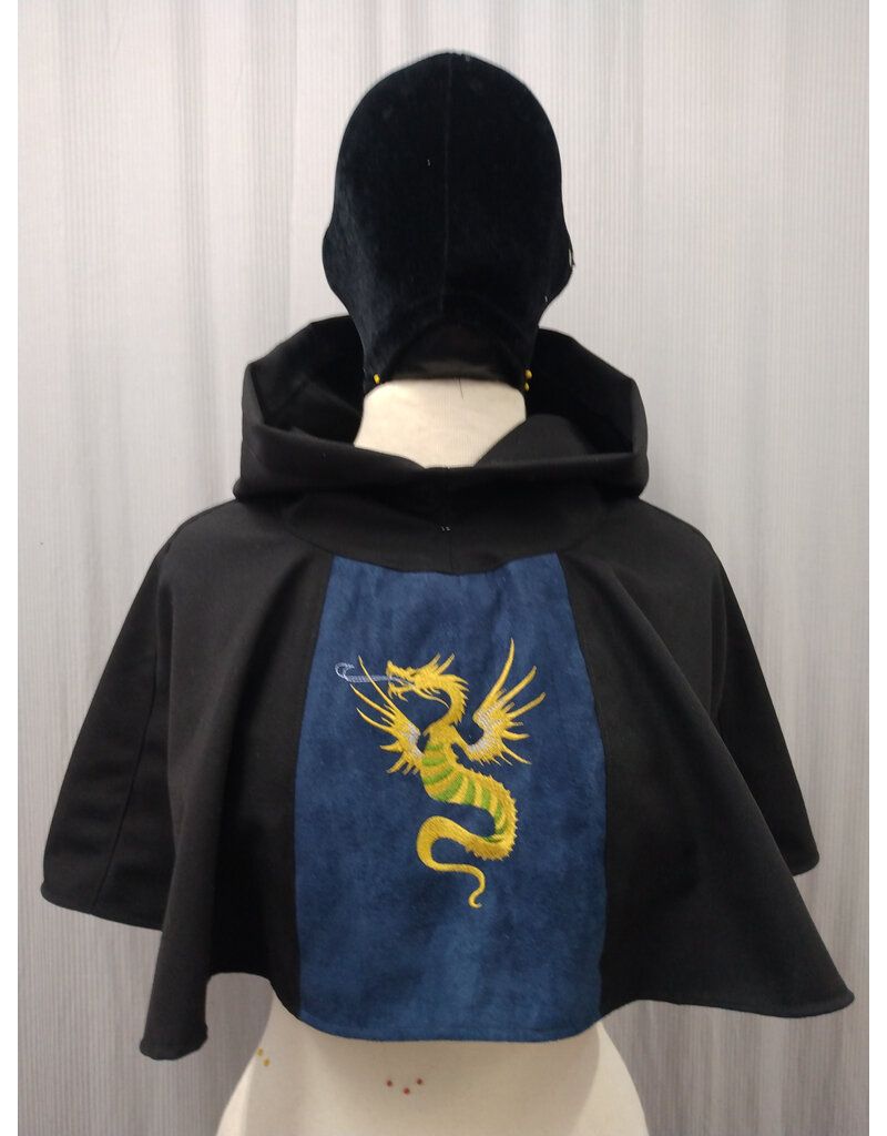 Cloakmakers.com H510-Black Wool Blend Hooded Cowl w/ Blue Moleskin Center & Dragon Embroidery