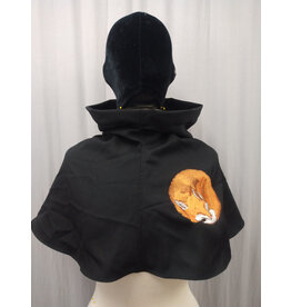 Cloakmakers.com H512-Washable Black Wool Blend Hooded Cowl w/ Orange Fox Embroidery