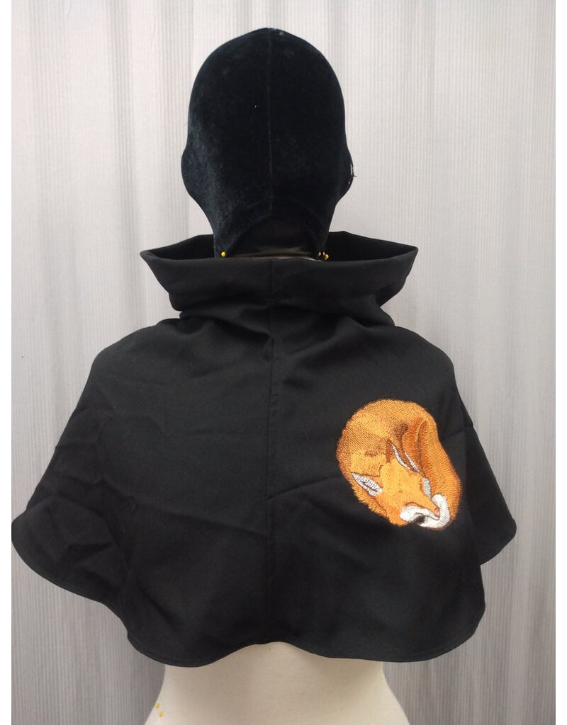 Cloakmakers.com H512-Washable Black Wool Blend Hooded Cowl w/ Orange Fox Embroidery