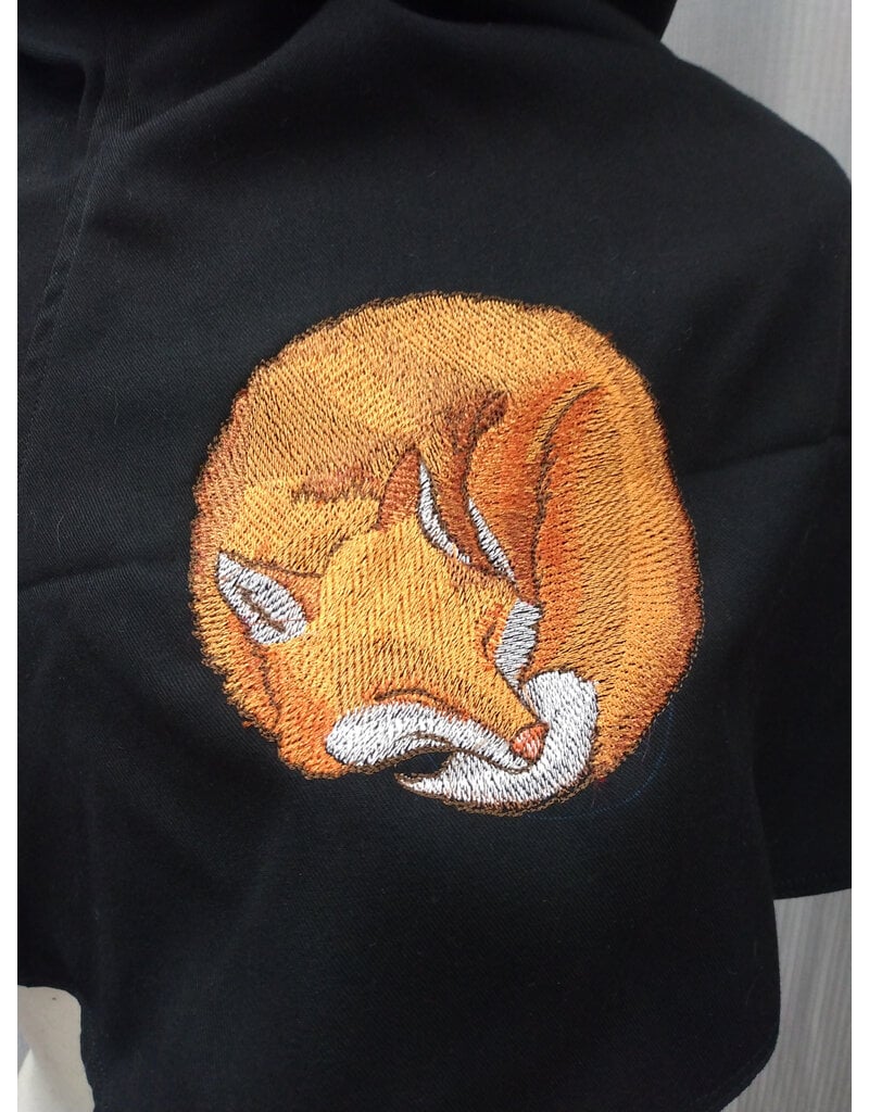 Cloakmakers.com H512-Washable Black Wool Blend Hooded Cowl w/ Orange Fox Embroidery