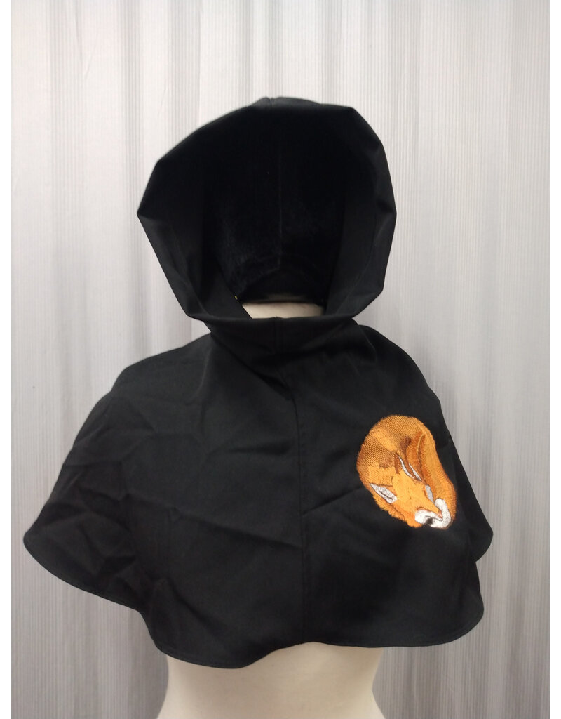 Cloakmakers.com H512-Washable Black Wool Blend Hooded Cowl w/ Orange Fox Embroidery