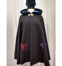 Cloakmakers.com 5576-Washable All Wool Black Cloak w/ Blue Hood Lining & 8 Dragon Embroidery