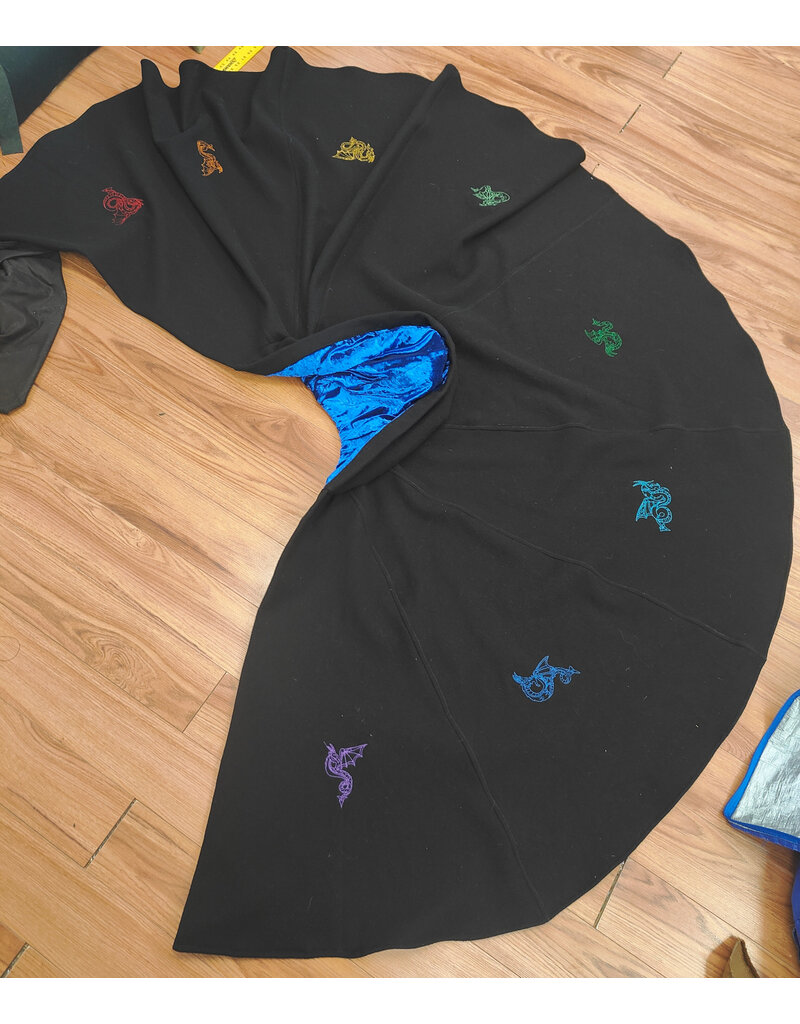 Cloakmakers.com 5576-Washable Wool Black Cloak w/ Blue Hood Lining & 8 Dragon Embroidery