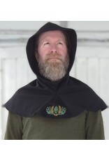 Cloakmakers.com H516-Washable Black Hooded Cowl w/ Green & Gold Embroidery