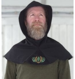 Cloakmakers.com H516-Washable Black Hooded Cowl w/ Green & Gold Embroidery
