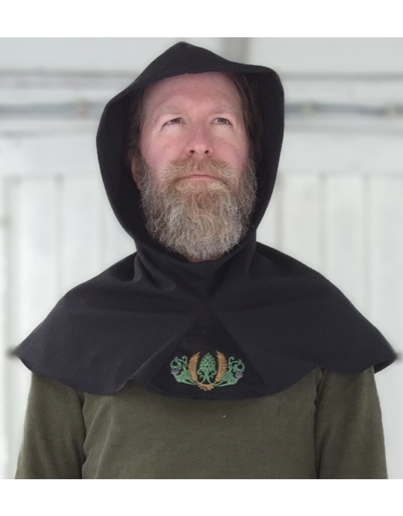 Cloakmakers.com H516-Washable Black Hooded Cowl w/ Green & Gold Embroidery
