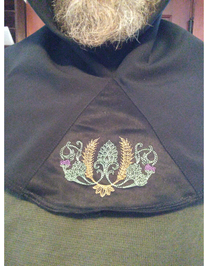Cloakmakers.com H516-Washable Black Hooded Cowl w/ Green & Gold Embroidery