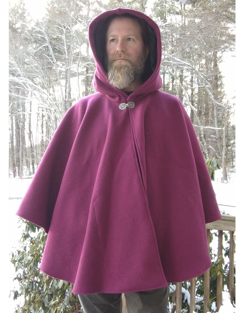 Cloakmakers.com 5582-Washable Raspberry 100% Wool Cloak w/ Black Hood Lining & Pockets