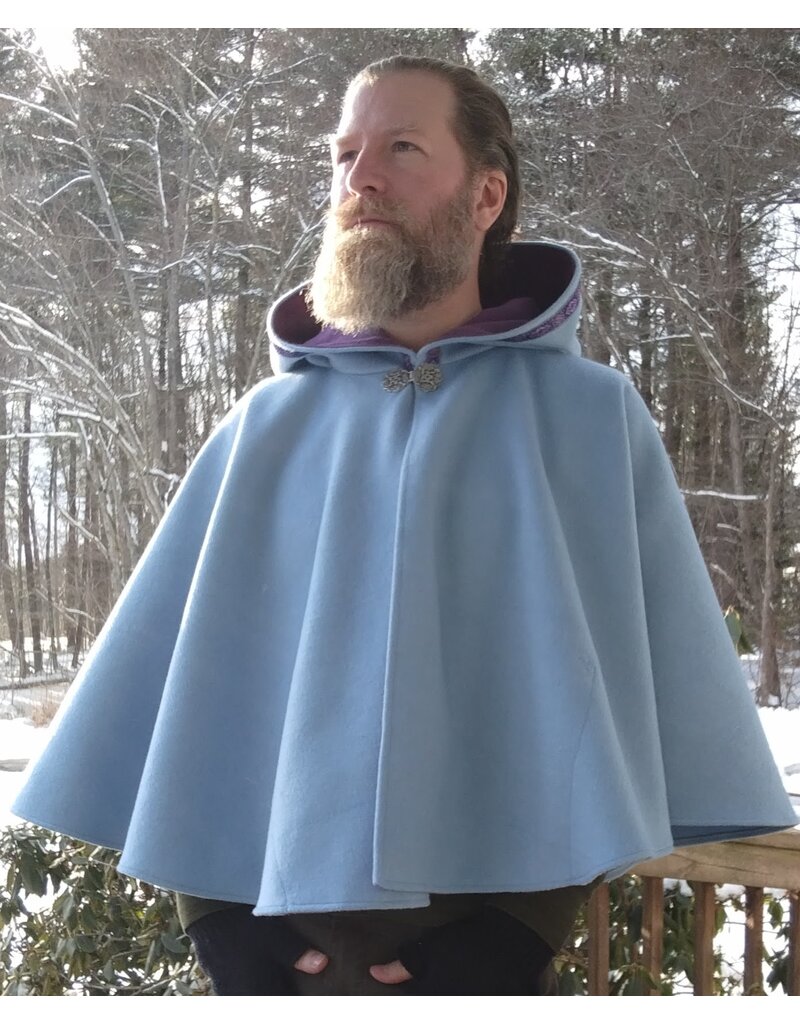 Cloakmakers.com 5583-Washable Light Blue Wool Blend Cloak w/ Purple Pockets & Hood Lining