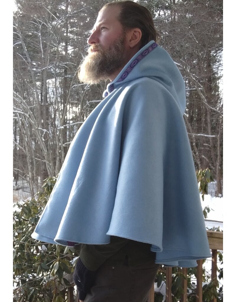 Cloakmakers.com 5583-Washable Light Blue Wool Blend Cloak w/ Purple Pockets & Hood Lining