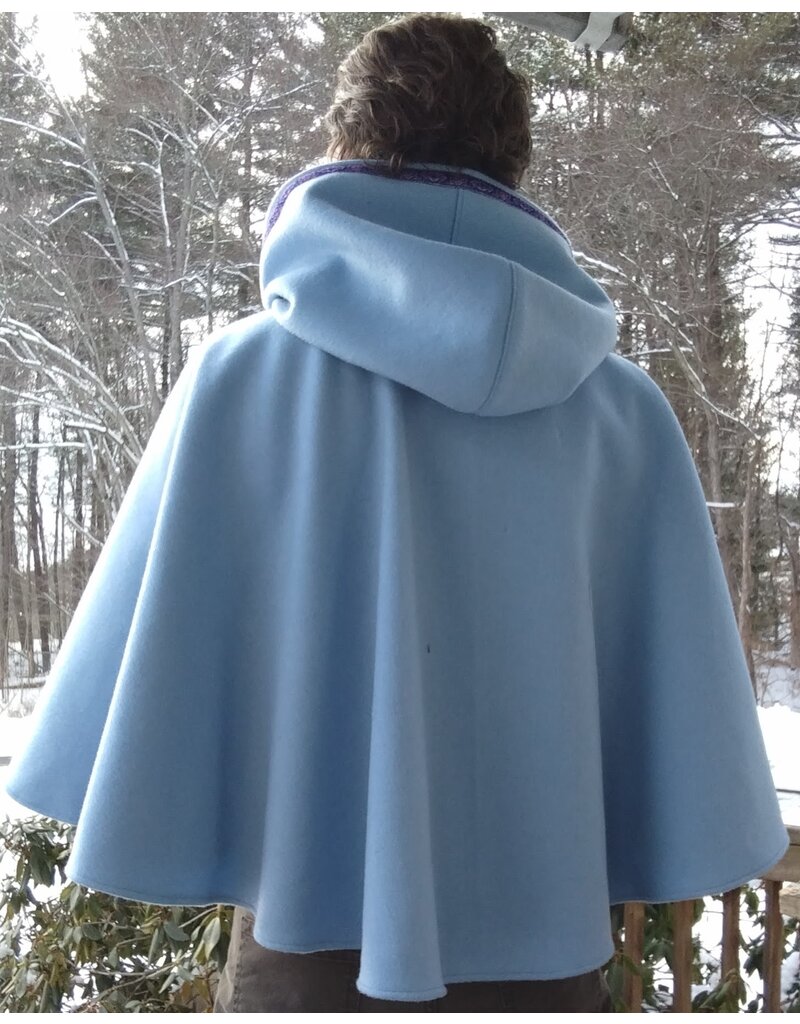 Cloakmakers.com 5583-Washable Light Blue Wool Blend Cloak w/ Purple Pockets & Hood Lining
