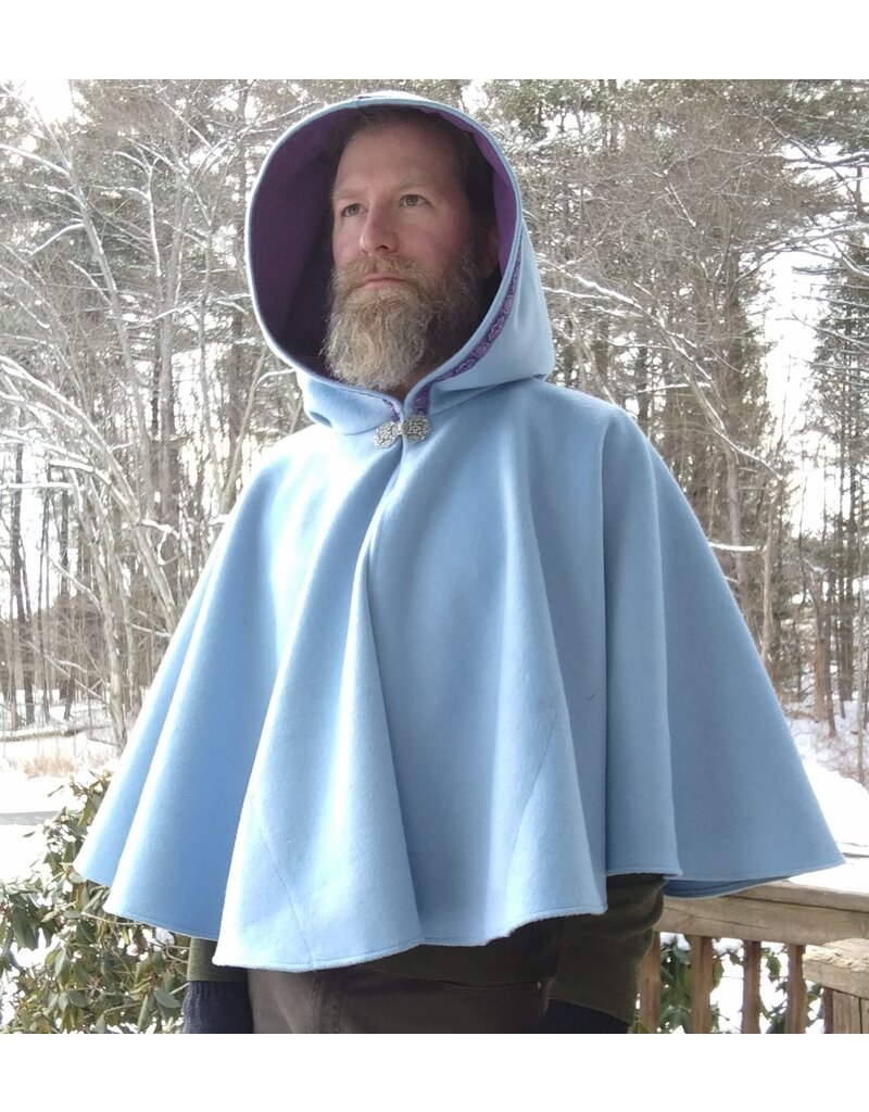 Cloakmakers.com 5583-Washable Light Blue Wool Blend Cloak w/ Purple Pockets & Hood Lining