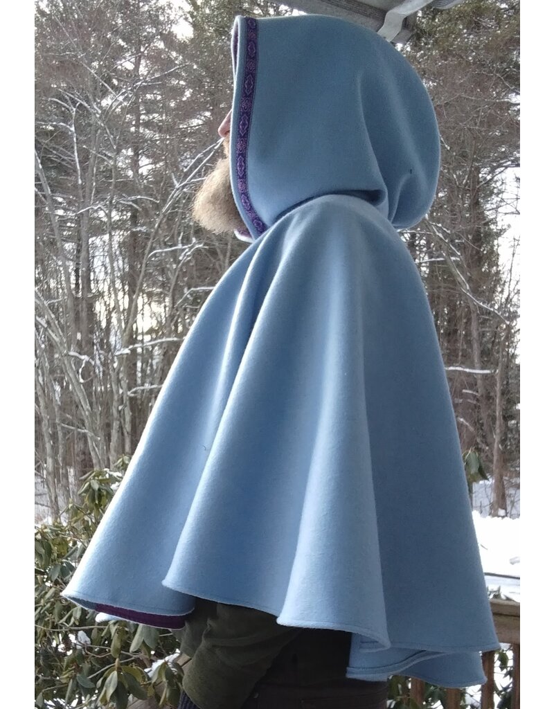 Cloakmakers.com 5583-Washable Light Blue Wool Blend Cloak w/ Purple Pockets & Hood Lining