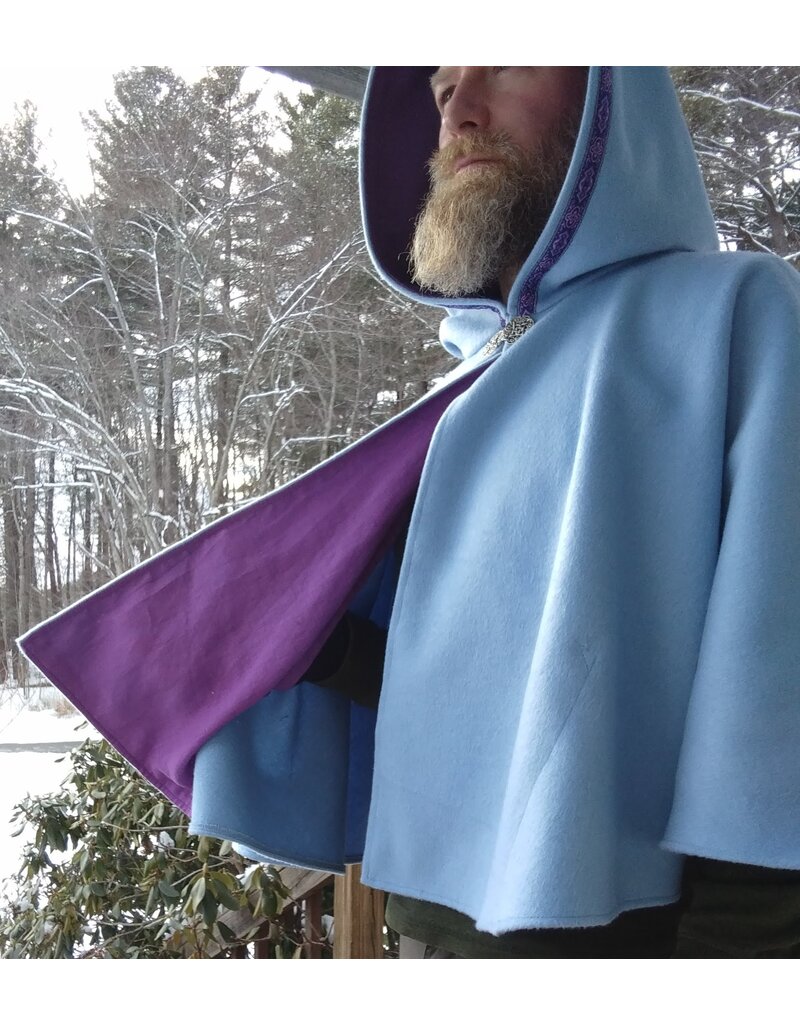 Cloakmakers.com 5583-Washable Light Blue Wool Blend Cloak w/ Purple Pockets & Hood Lining