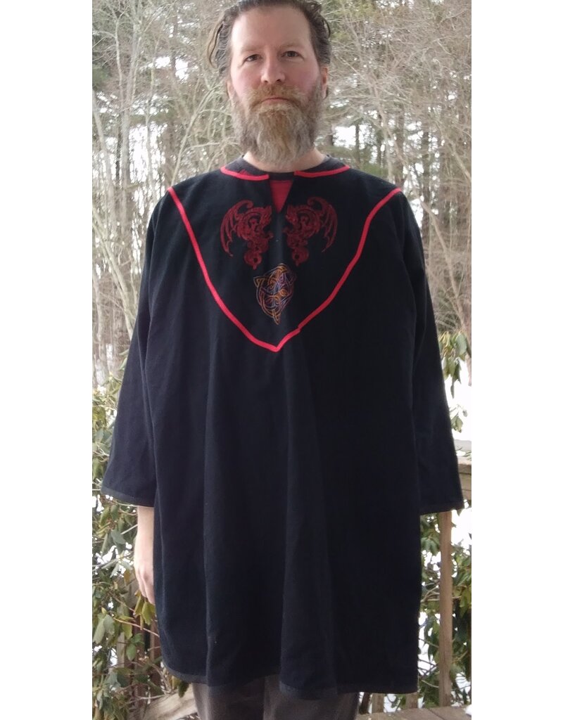 Cloakmakers.com J872-Washable Black Wool Tunic w/ Red Dragon & Green Triquetra Embroidery