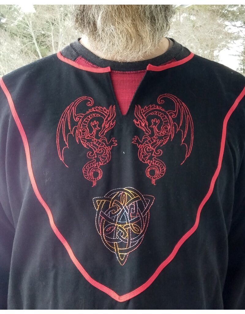 Cloakmakers.com J872-Washable Black Wool Tunic w/ Red Dragon & Green Triquetra Embroidery