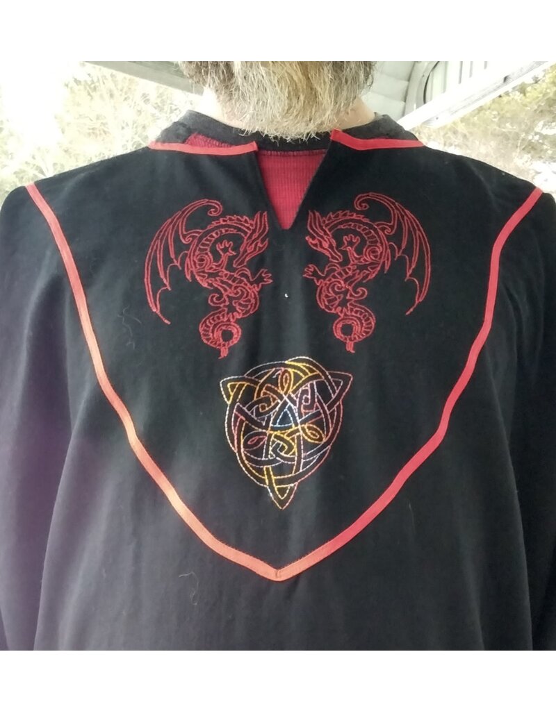 Cloakmakers.com J872-Washable Black Wool Tunic w/ Red Dragon & Green Triquetra Embroidery