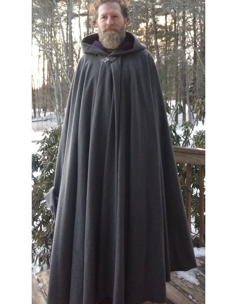 Cloakmakers.com 5598-Washable Grey Wool Blend Cloak w/ Purple Moleskin Hood Lining