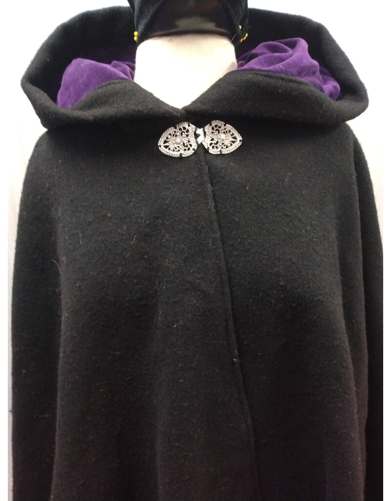 Cloakmakers.com 5606-Washable Black All Wool Cloak w/ Purple Hood Lining and Purple Pockets