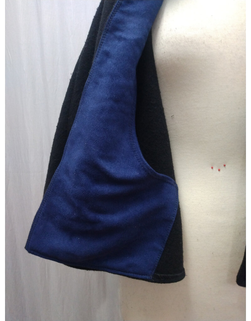 Cloakmakers.com 5608-Washable Thick Black 100% Wool Cloak w/ Blue Faux Suede Hood Lining & Pockets