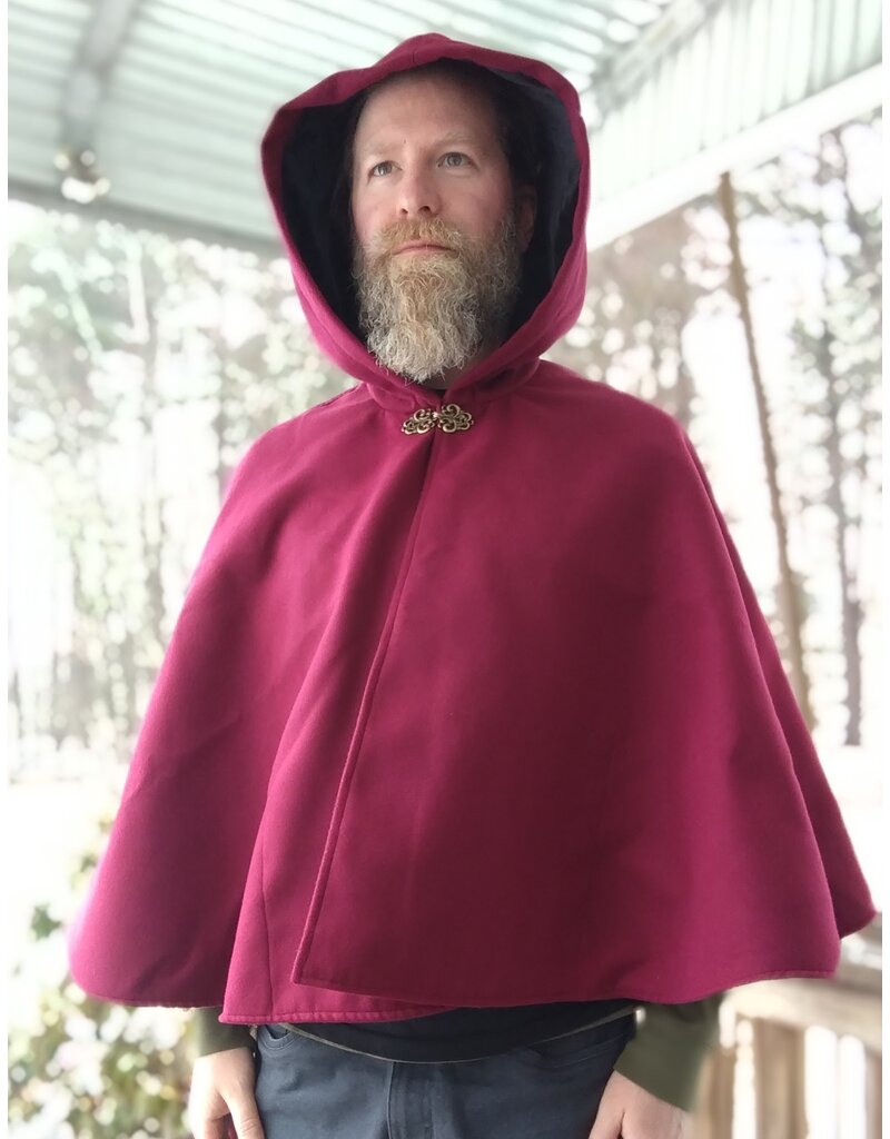 Cloakmakers.com 5610-Washable Raspberry Faux Wool Cloak w/ Black Velvet Hood Lining & Pockets