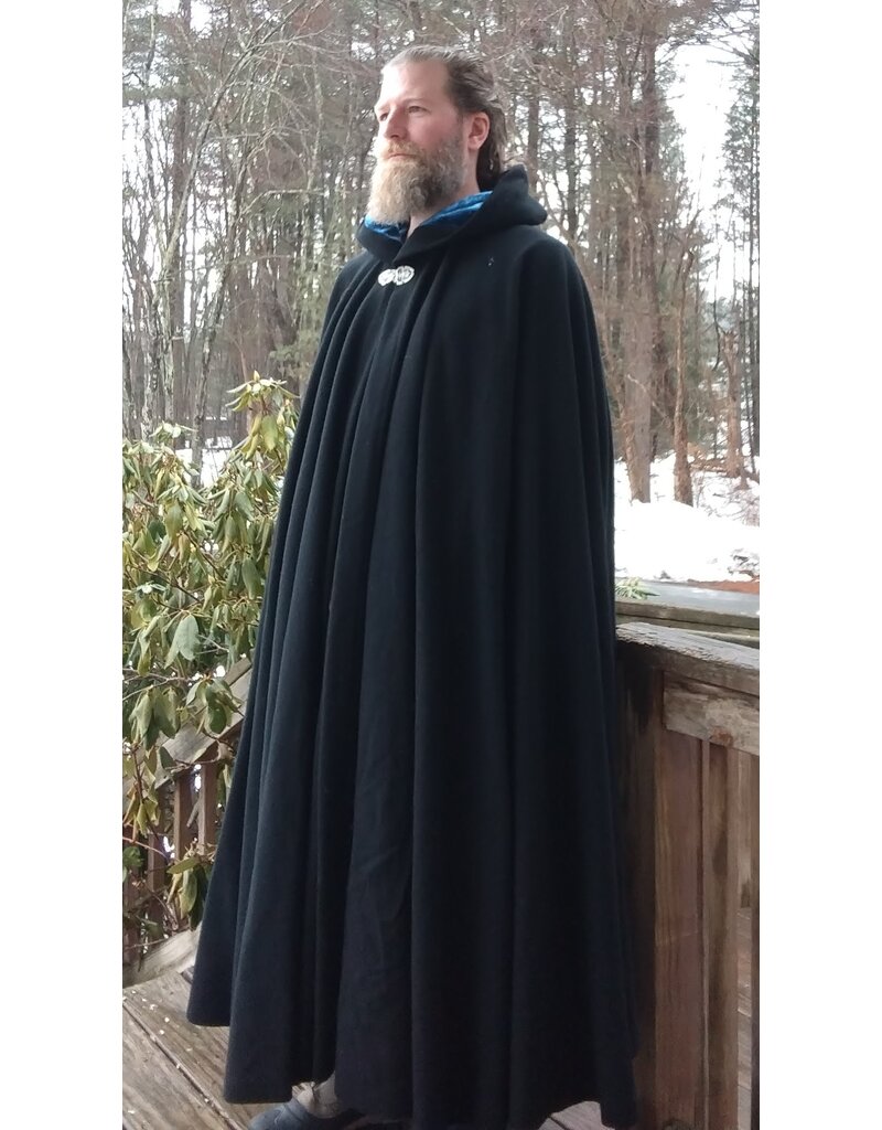 Cloakmakers.com 5615-Washable Wool Black Cloak w/ Blue Velvet Hood Lining