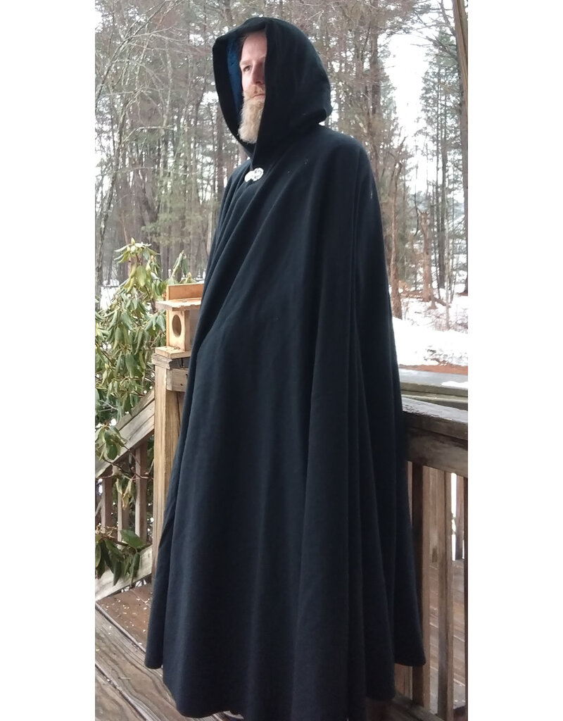 Cloakmakers.com 5615-Washable Wool Black Cloak w/ Blue Velvet Hood Lining
