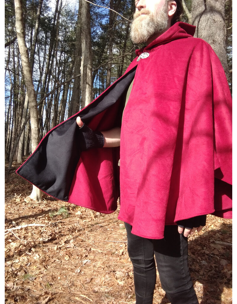 Cloakmakers.com 5623-Crimson Red 100% Wool Cloak w/ Black Velvet Hood Lining & Black Moleskin Pockets